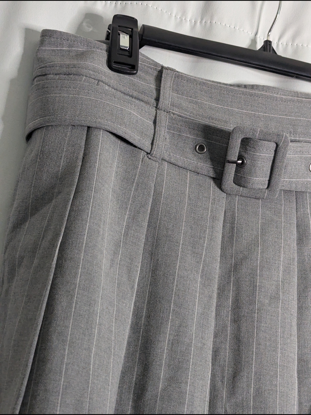 Women's Gray Pinstripe Midi Skirt with Fabric Belt